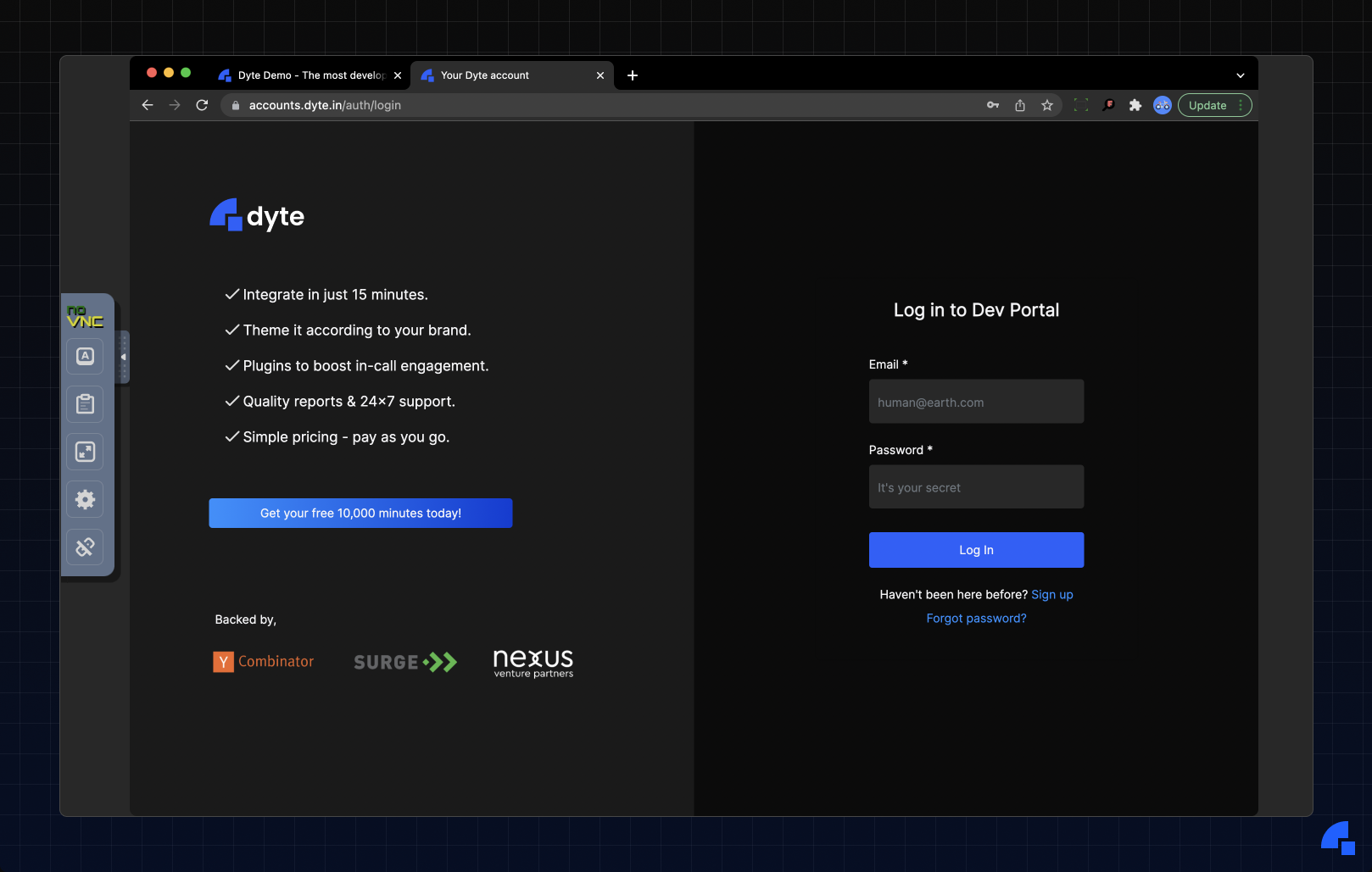 Opening Dyte’s Dev Portal in the browser running inside a Docker container.