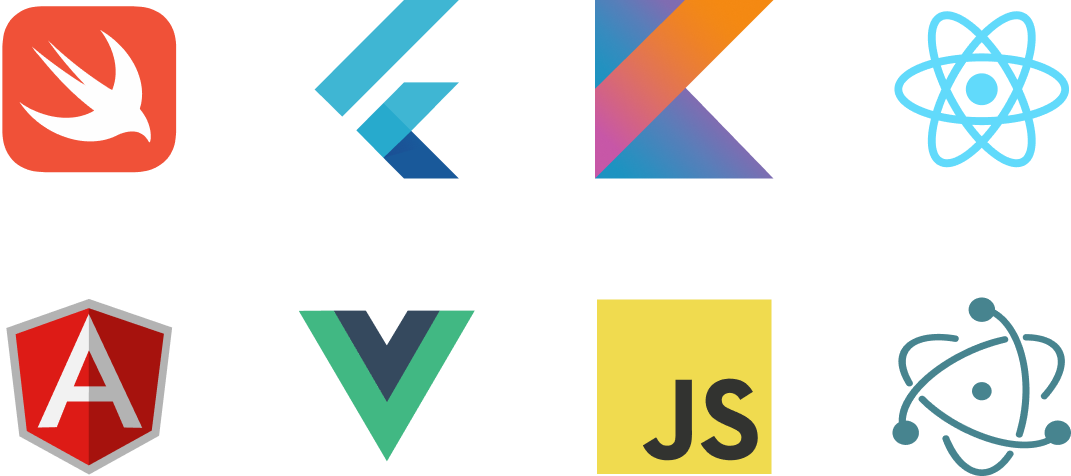 JavaScript, Angular, Vue, Flutter, React, Kotlin
