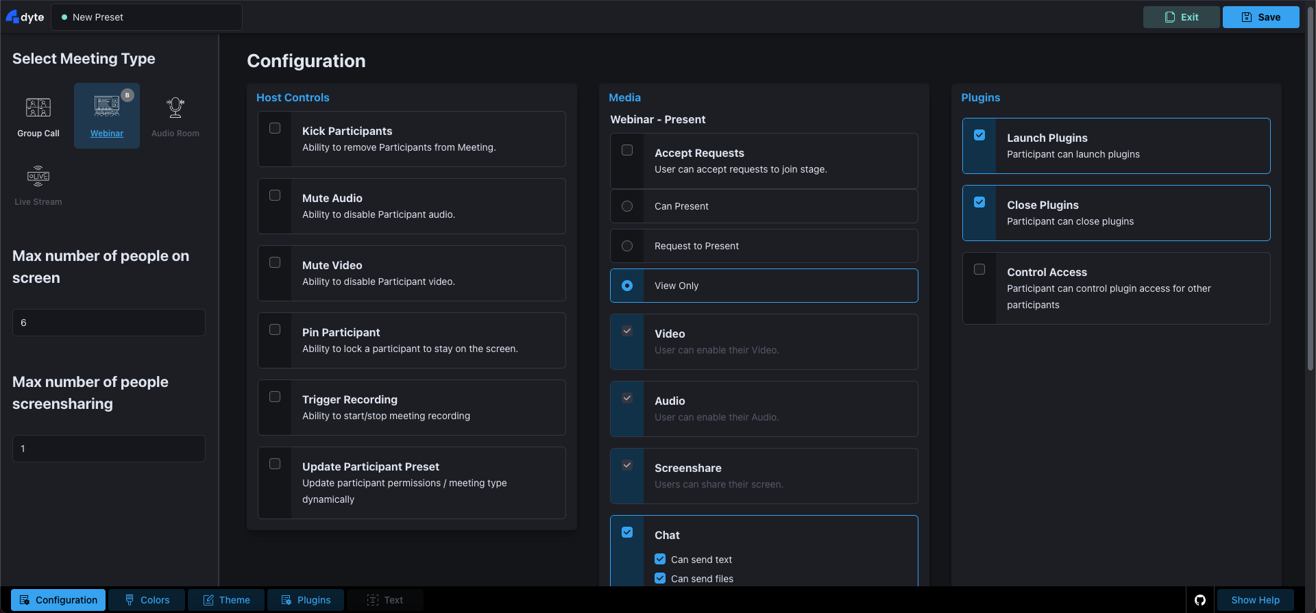 Permissions for Webinar using Preset