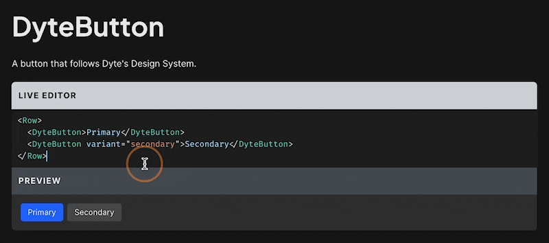 Live preview of the dyte-button component