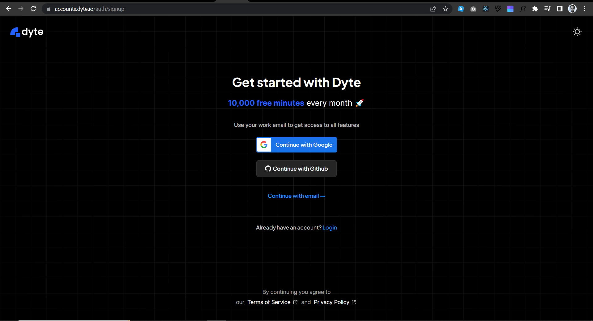 sign up page for a free Dyte account using your Google or GitHub account